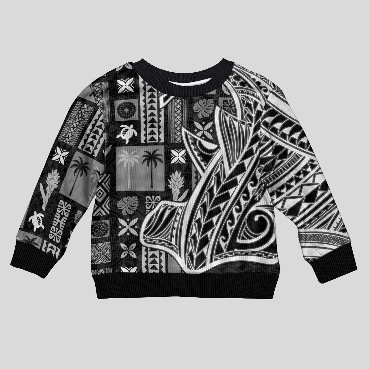 Samoa Tapa Kid Ugly Christmas Sweater Siapo Mix Tatau Patterns - Black - Wonder Print Shop