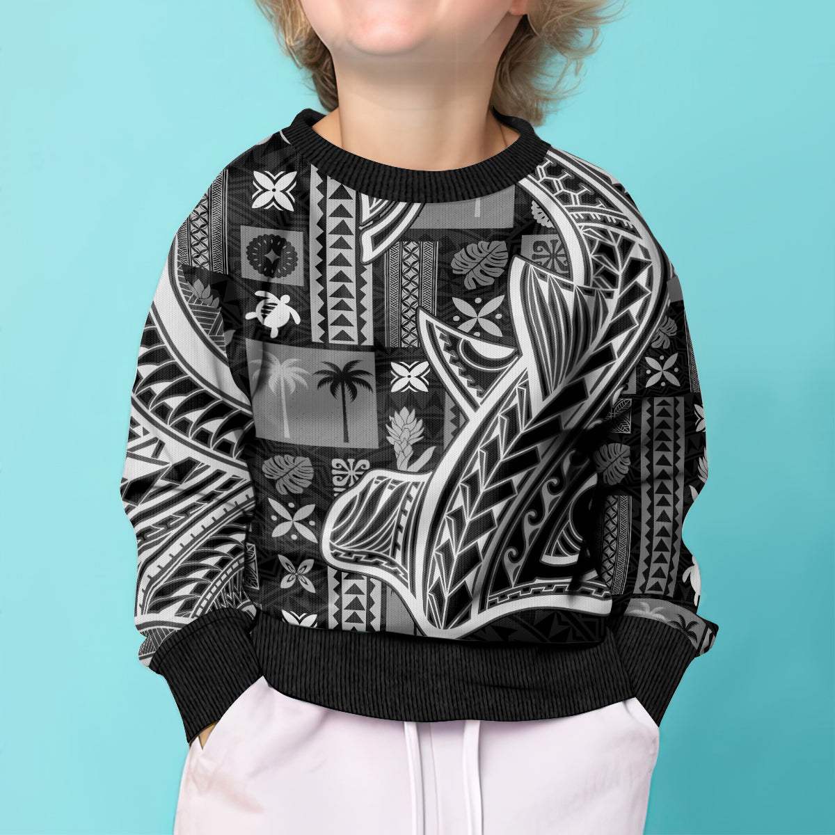Samoa Tapa Kid Ugly Christmas Sweater Siapo Mix Tatau Patterns - Black - Wonder Print Shop