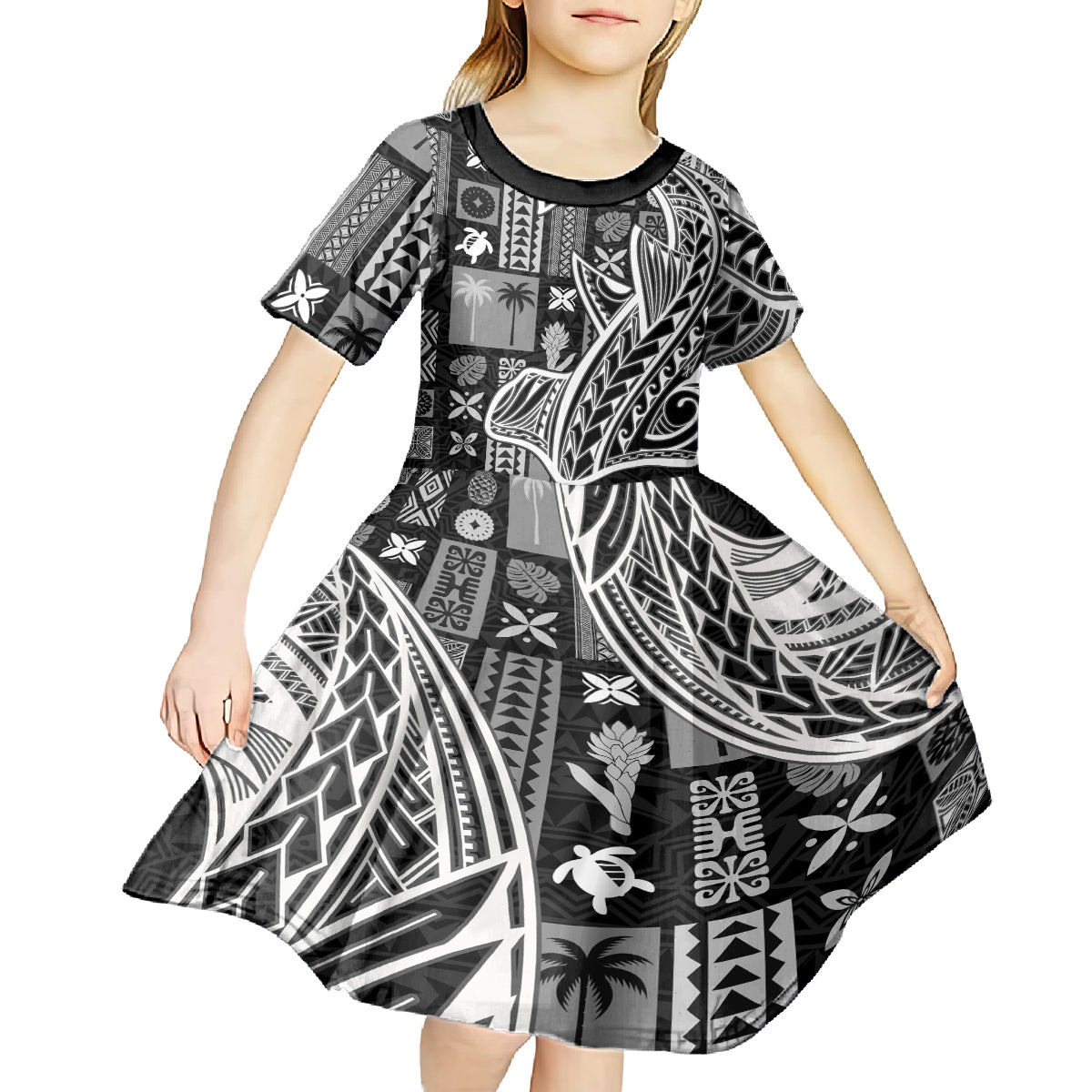 Samoa Tapa Kid Short Sleeve Dress Siapo Mix Tatau Patterns - Black - Wonder Print Shop