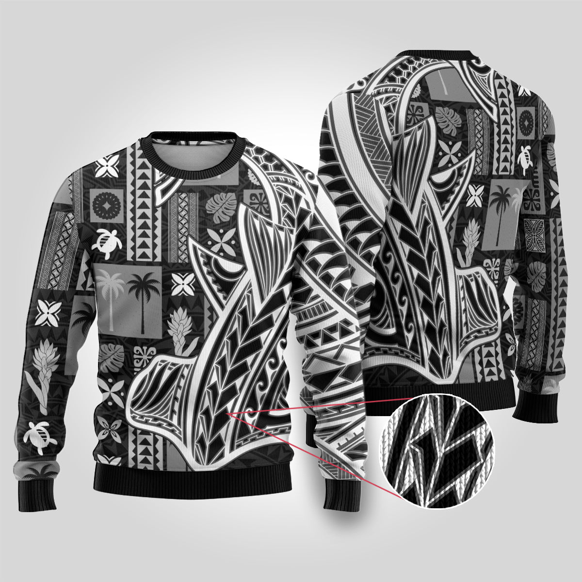 Samoa Tapa Ugly Christmas Sweater Siapo Mix Tatau Patterns - Black - Wonder Print Shop