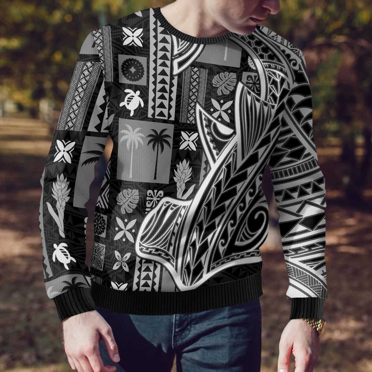 Samoa Tapa Ugly Christmas Sweater Siapo Mix Tatau Patterns - Black - Wonder Print Shop