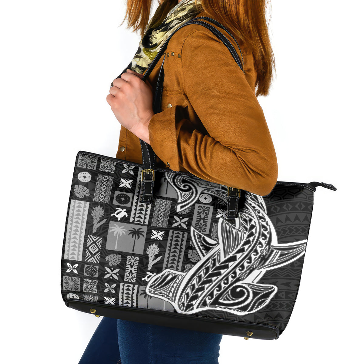 Samoa Tapa Leather Tote Bag Siapo Mix Tatau Patterns - Black - Wonder Print Shop