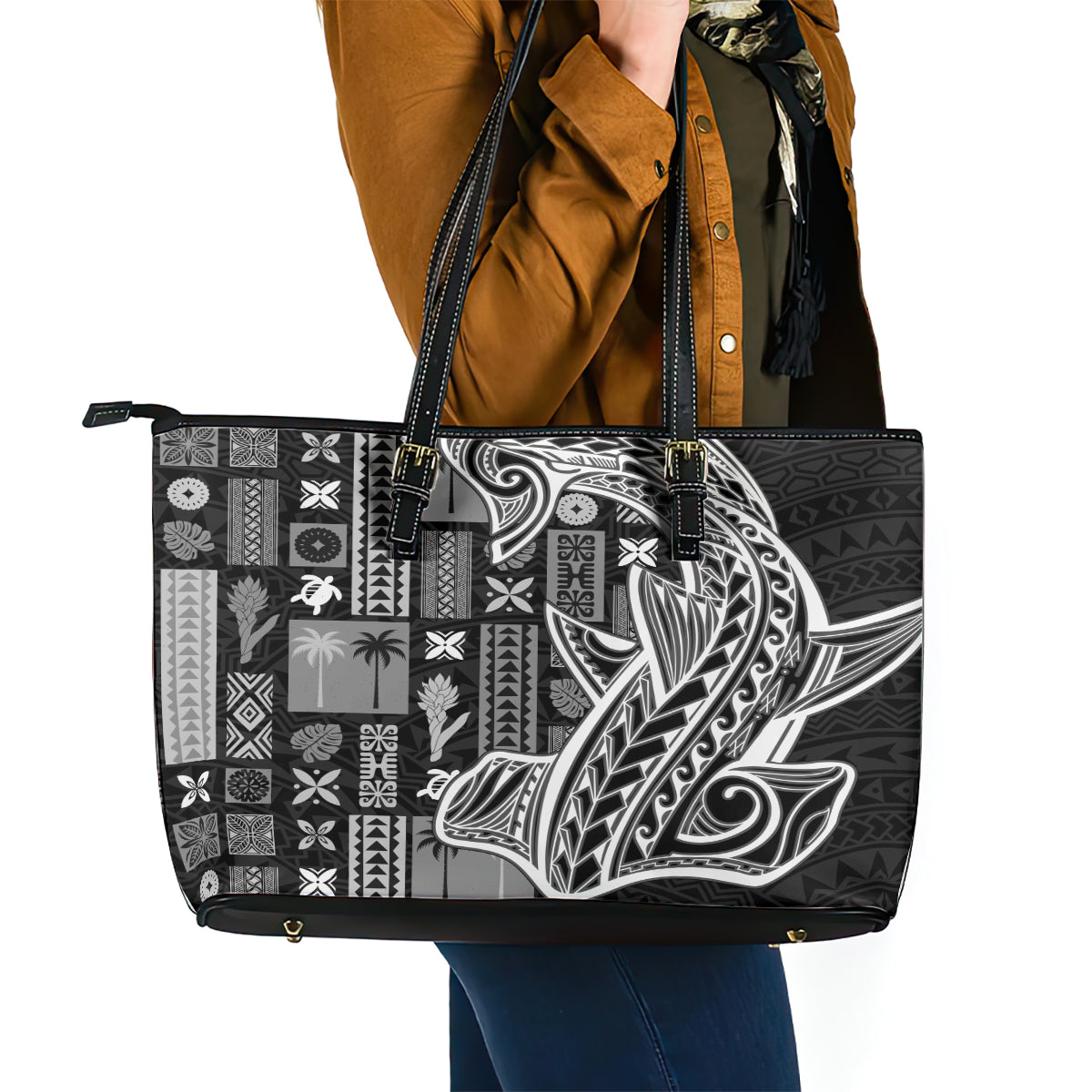 Samoa Tapa Leather Tote Bag Siapo Mix Tatau Patterns - Black - Wonder Print Shop