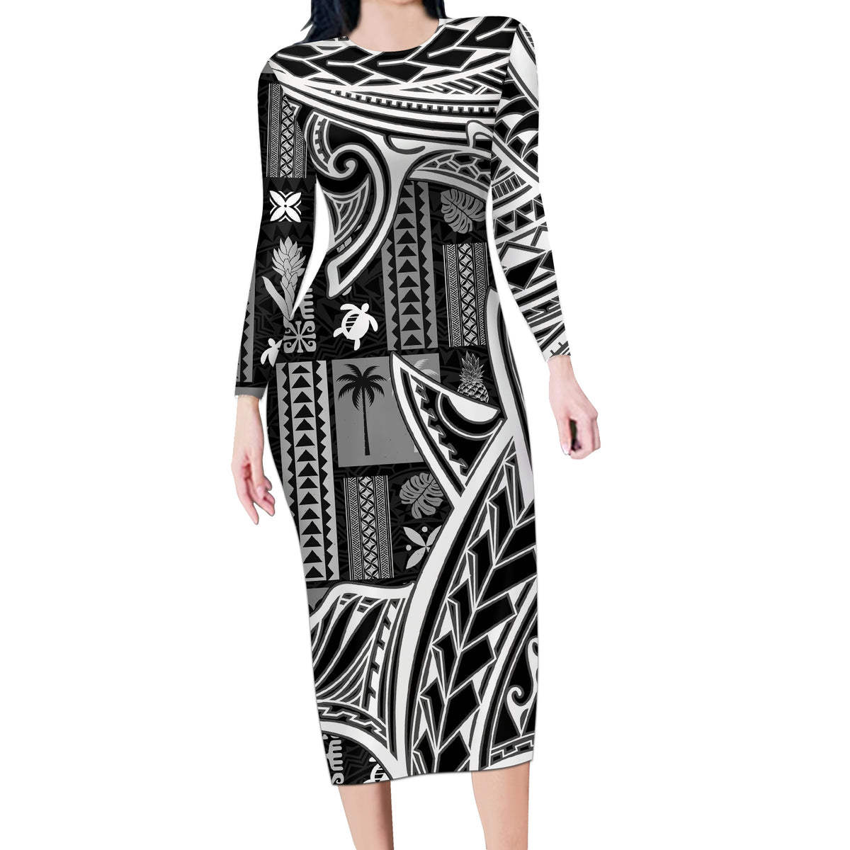 Samoa Tapa Long Sleeve Bodycon Dress Siapo Mix Tatau Patterns - Black - Wonder Print Shop