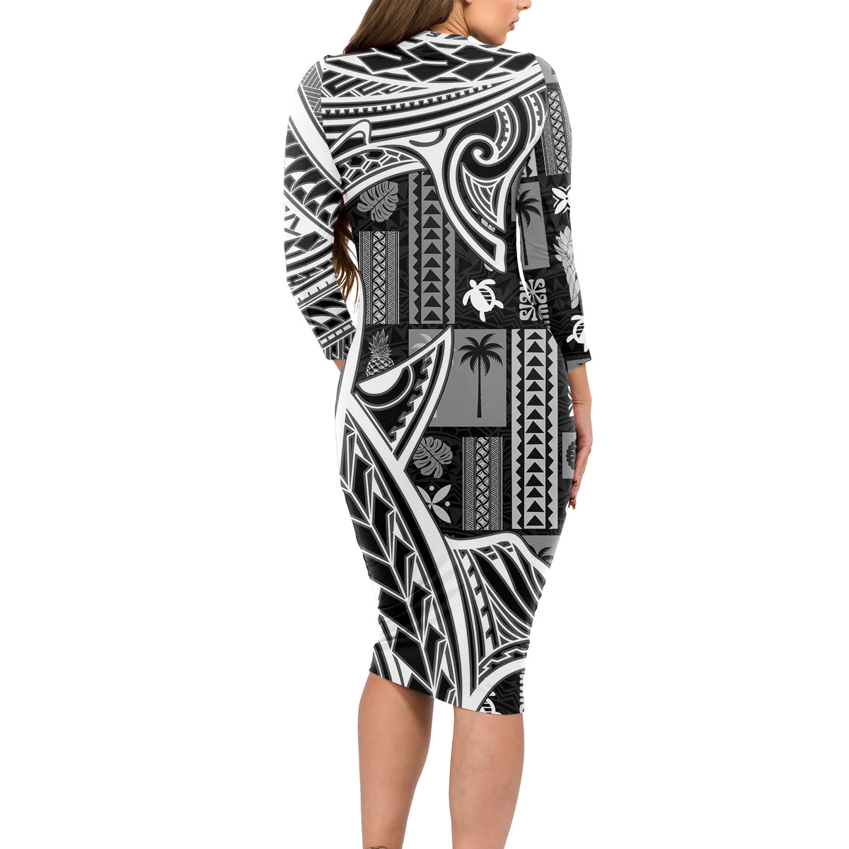 Samoa Tapa Long Sleeve Bodycon Dress Siapo Mix Tatau Patterns - Black - Wonder Print Shop