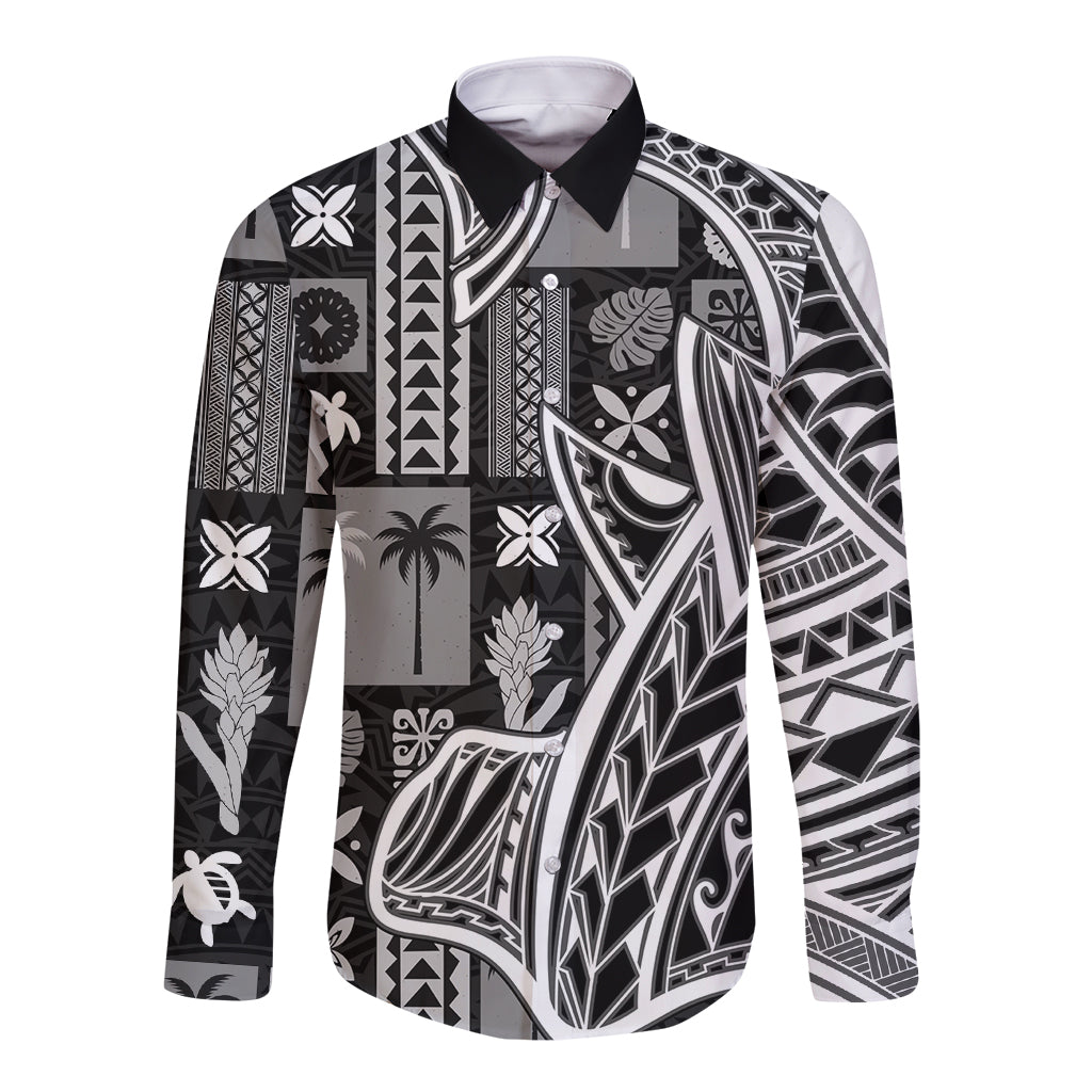 Samoa Tapa Long Sleeve Button Shirt Siapo Mix Tatau Patterns - Black - Wonder Print Shop