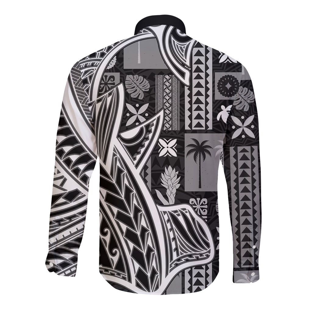 Samoa Tapa Long Sleeve Button Shirt Siapo Mix Tatau Patterns - Black - Wonder Print Shop
