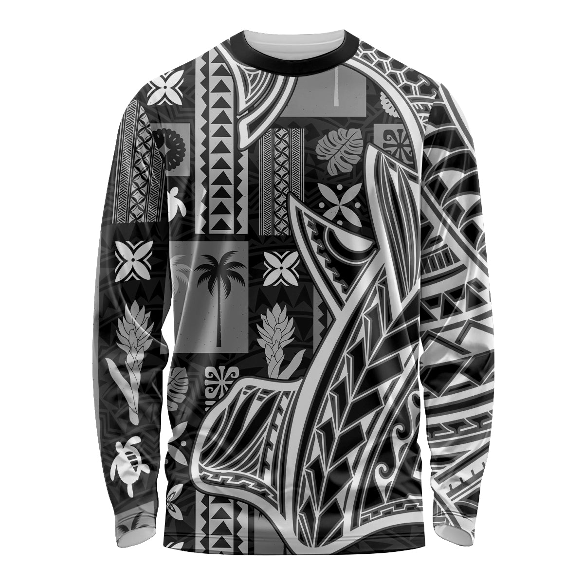 Samoa Tapa Long Sleeve Shirt Siapo Mix Tatau Patterns - Black - Wonder Print Shop