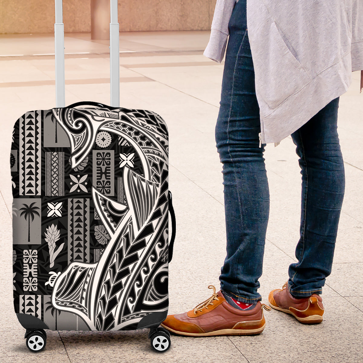 Samoa Tapa Luggage Cover Siapo Mix Tatau Patterns - Black - Wonder Print Shop