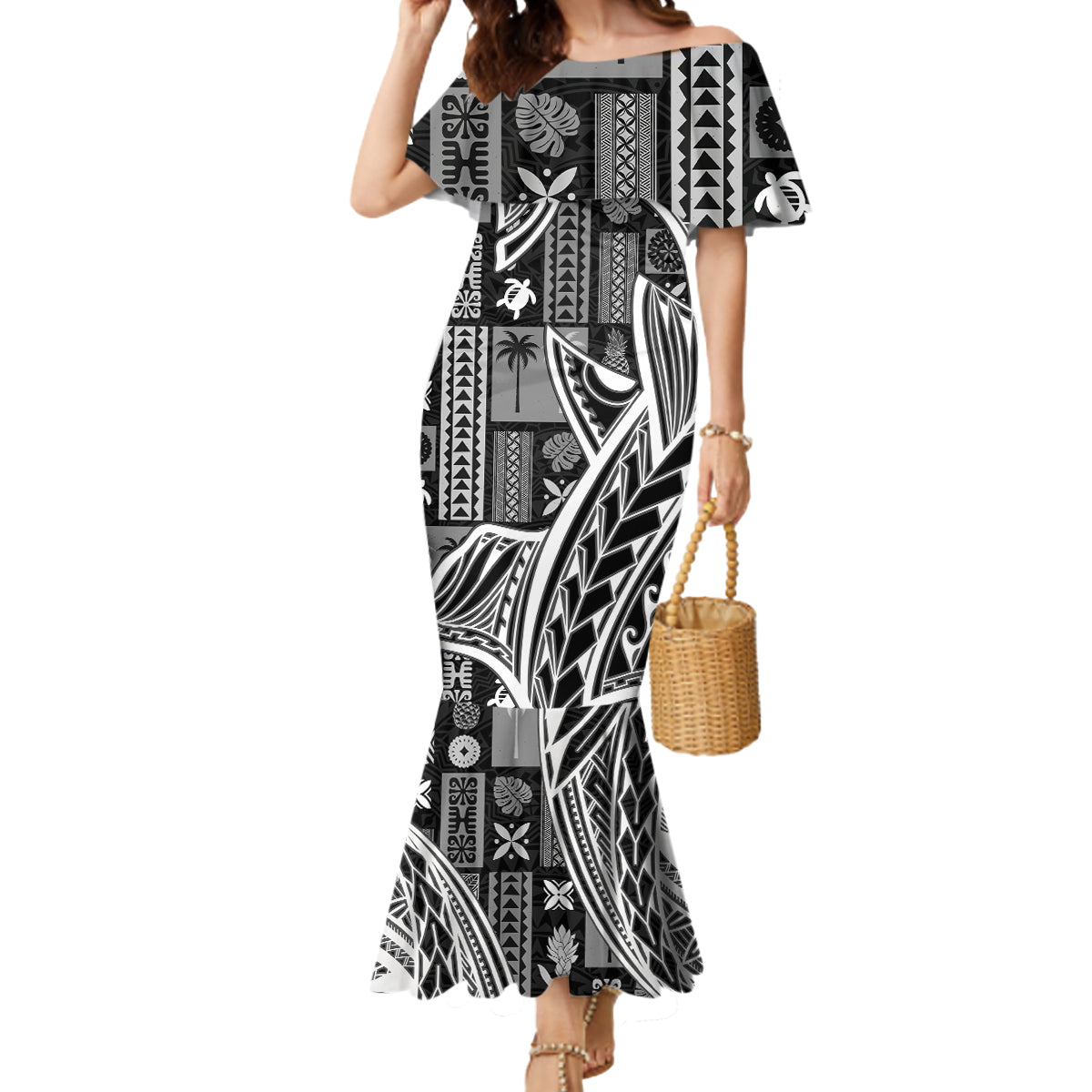 Samoa Tapa Mermaid Dress Siapo Mix Tatau Patterns - Black - Wonder Print Shop