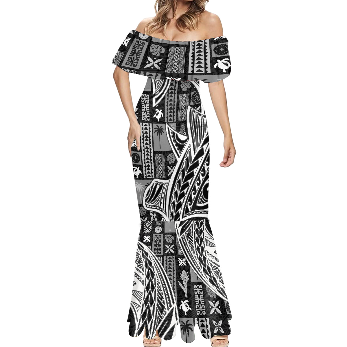 Samoa Tapa Mermaid Dress Siapo Mix Tatau Patterns - Black - Wonder Print Shop
