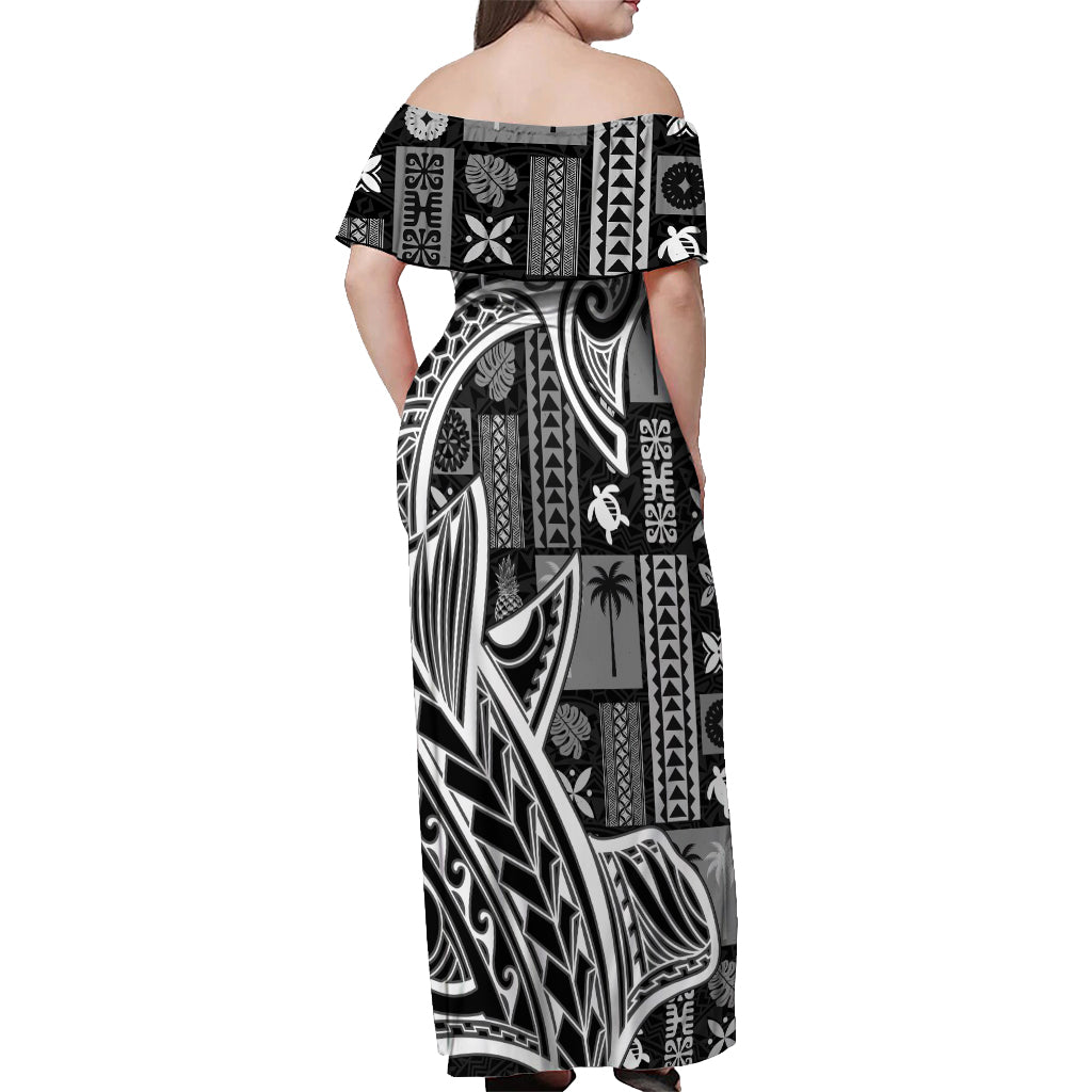 Samoa Tapa Off Shoulder Maxi Dress Siapo Mix Tatau Patterns - Black - Wonder Print Shop