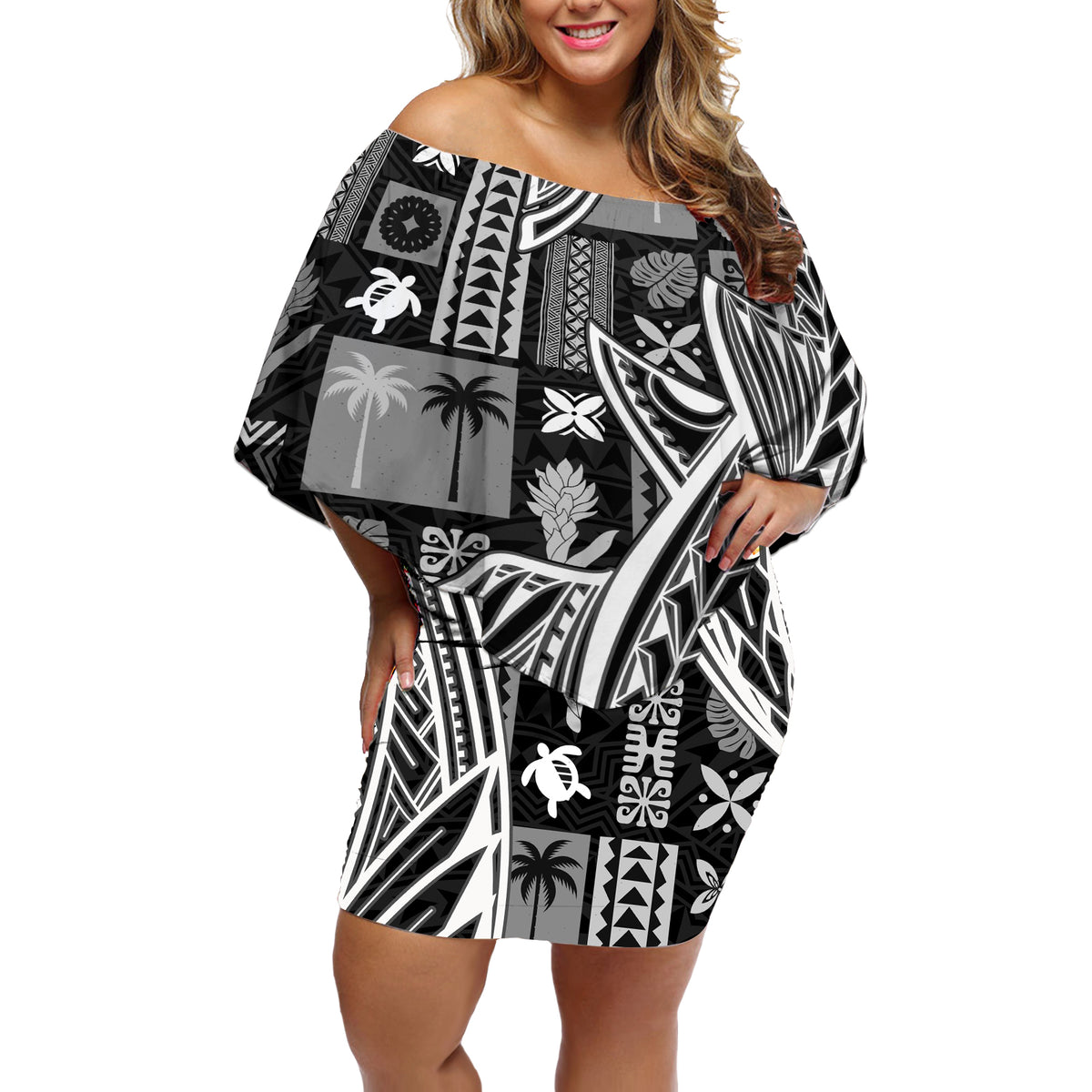 Samoa Tapa Off Shoulder Short Dress Siapo Mix Tatau Patterns - Black - Wonder Print Shop