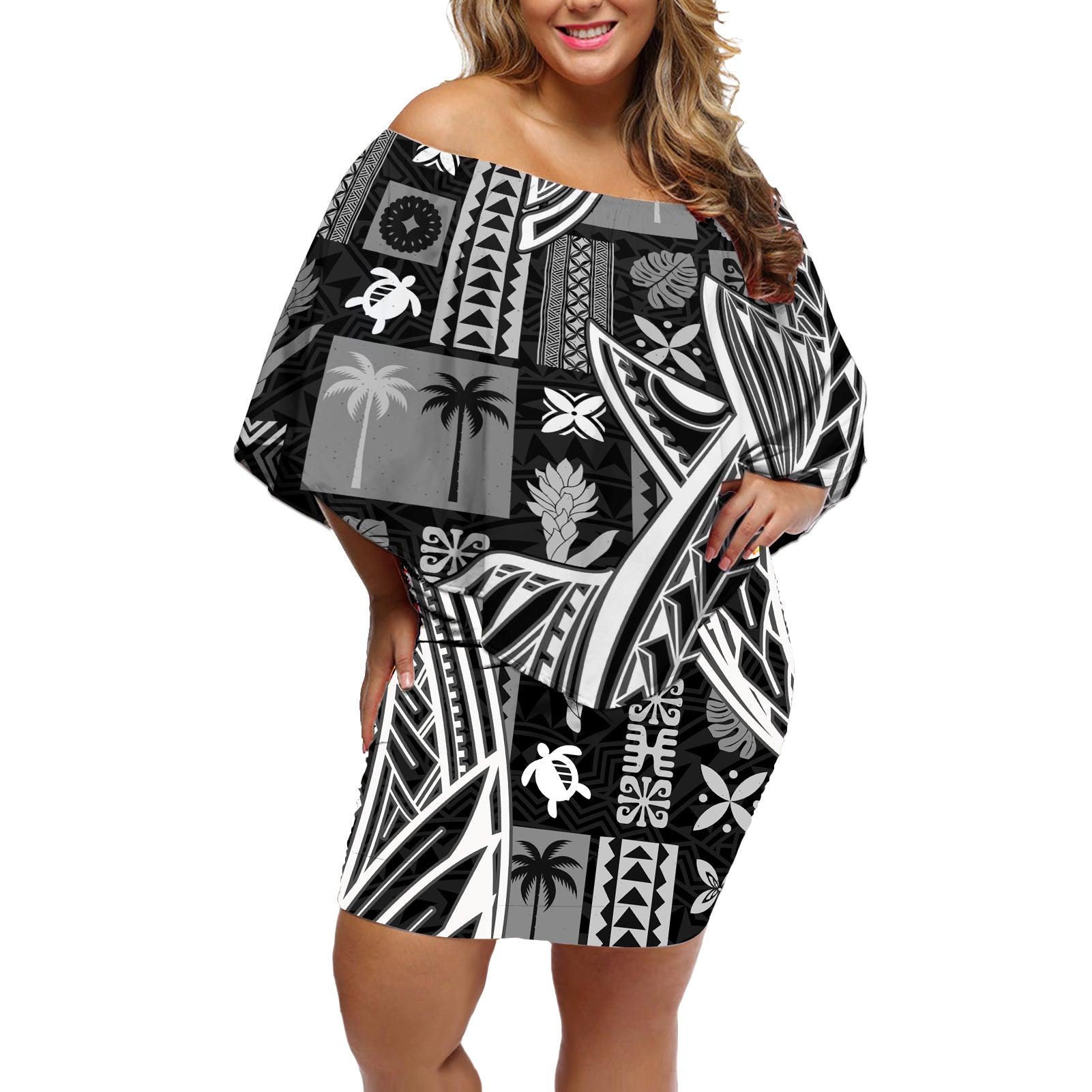 Samoa Tapa Off Shoulder Short Dress Siapo Mix Tatau Patterns - Black - Wonder Print Shop