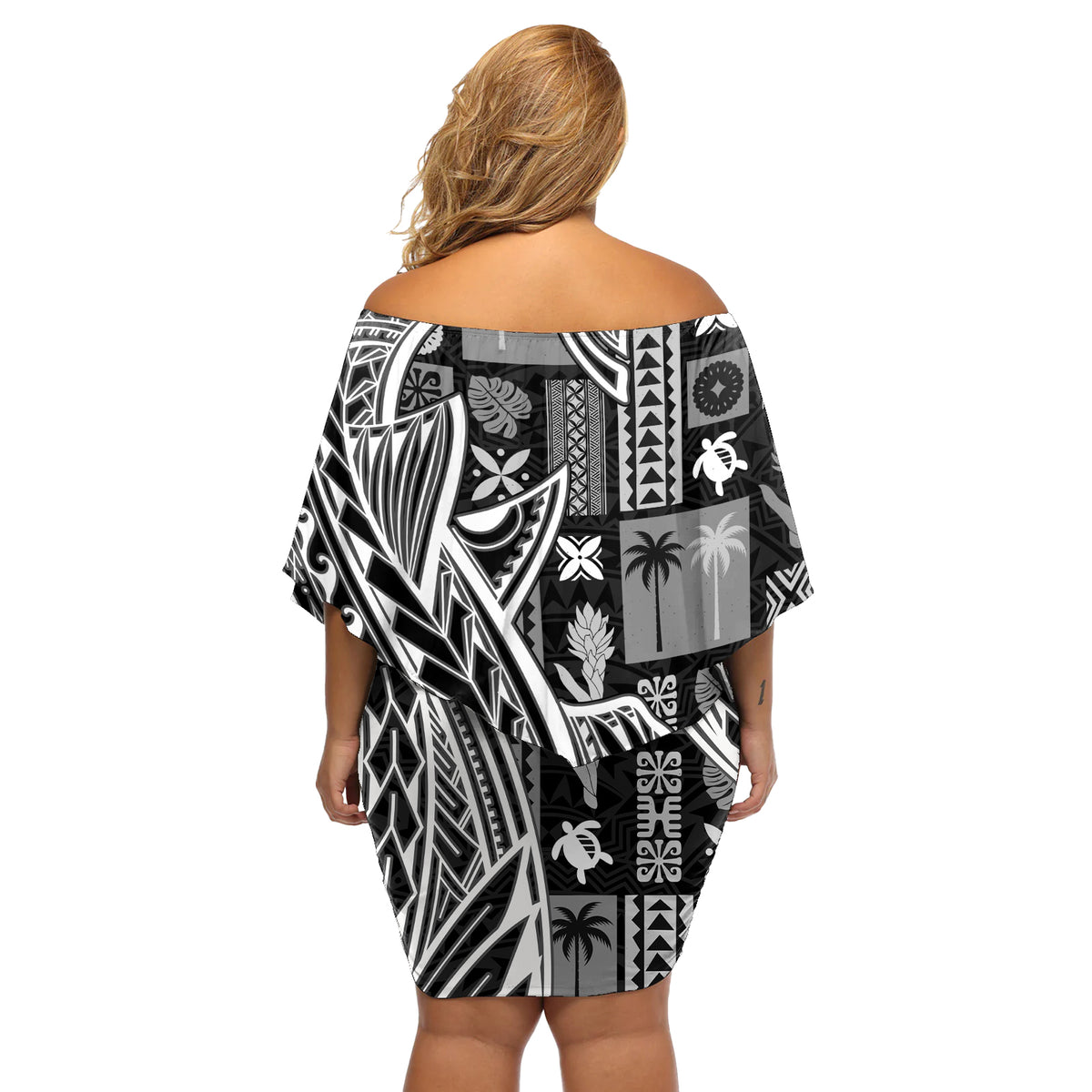 Samoa Tapa Off Shoulder Short Dress Siapo Mix Tatau Patterns - Black - Wonder Print Shop