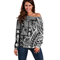 Samoa Tapa Off Shoulder Sweater Siapo Mix Tatau Patterns - Black - Wonder Print Shop