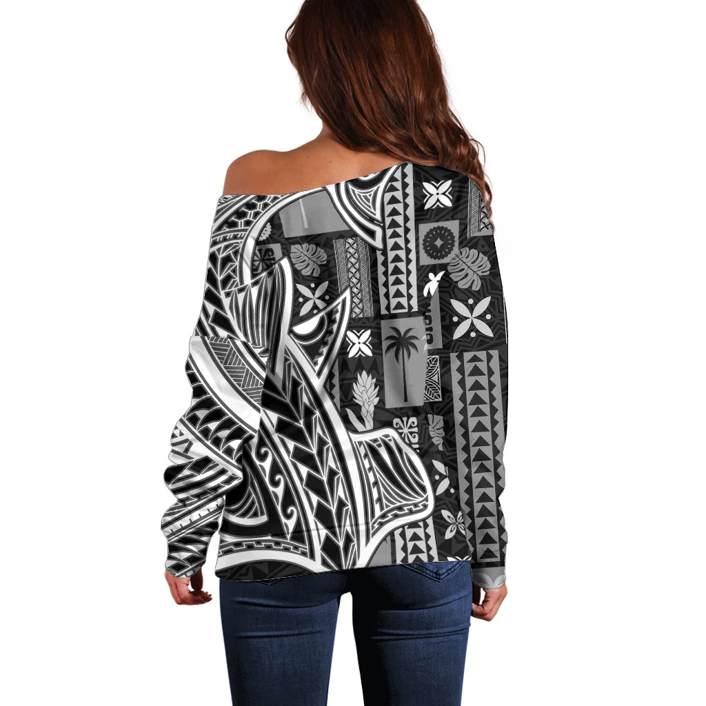 Samoa Tapa Off Shoulder Sweater Siapo Mix Tatau Patterns - Black - Wonder Print Shop