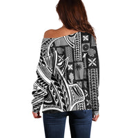 Samoa Tapa Off Shoulder Sweater Siapo Mix Tatau Patterns - Black - Wonder Print Shop