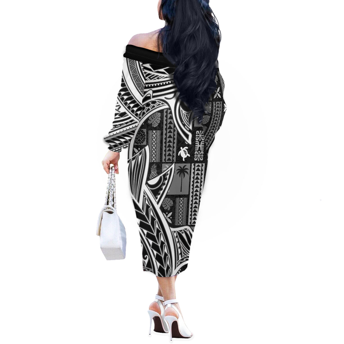 Samoa Tapa Off The Shoulder Long Sleeve Dress Siapo Mix Tatau Patterns - Black - Wonder Print Shop