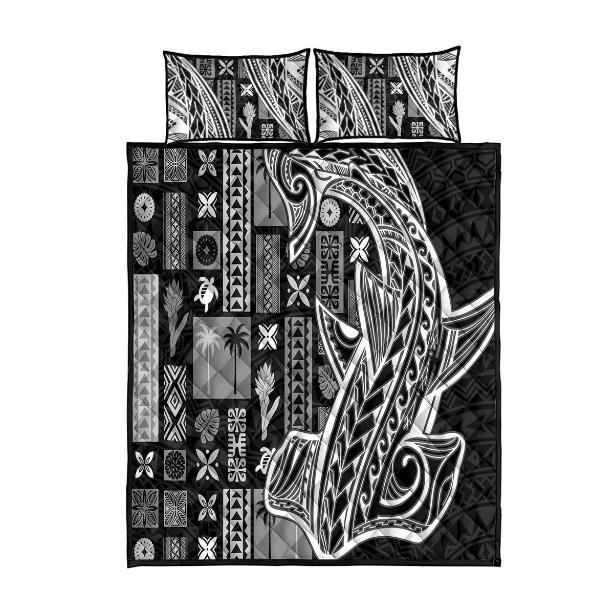 Samoa Tapa Quilt Bed Set Siapo Mix Tatau Patterns - Black - Wonder Print Shop