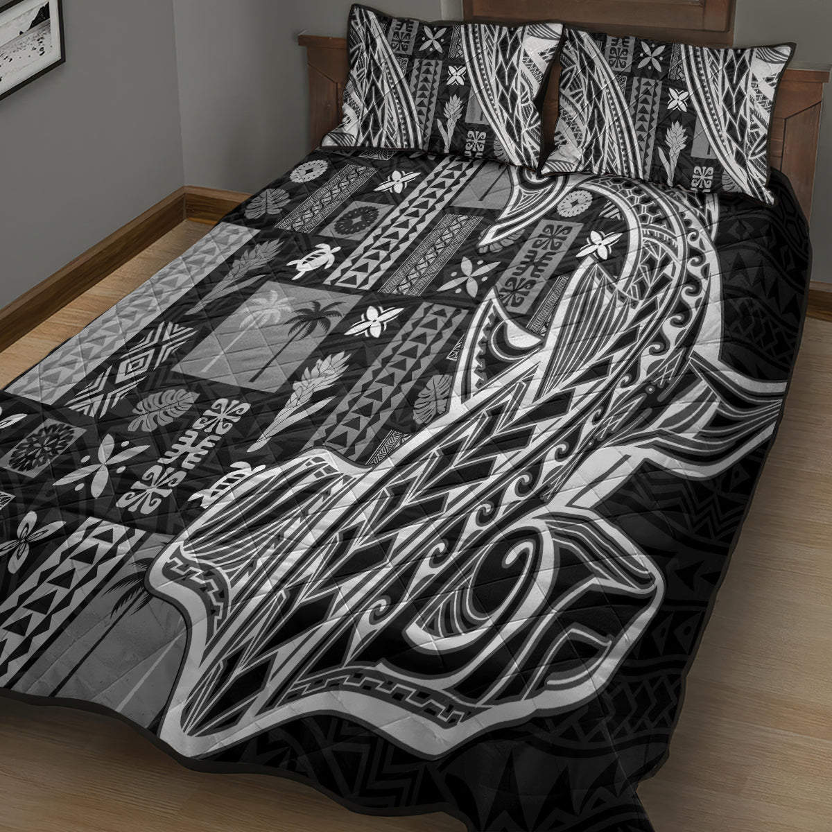 Samoa Tapa Quilt Bed Set Siapo Mix Tatau Patterns - Black - Wonder Print Shop