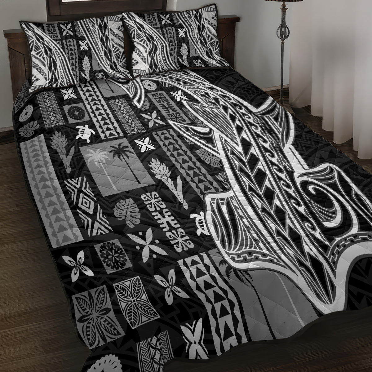 Samoa Tapa Quilt Bed Set Siapo Mix Tatau Patterns - Black - Wonder Print Shop
