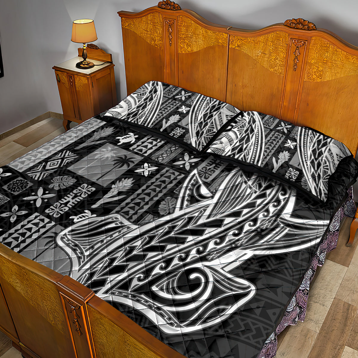 Samoa Tapa Quilt Bed Set Siapo Mix Tatau Patterns - Black - Wonder Print Shop