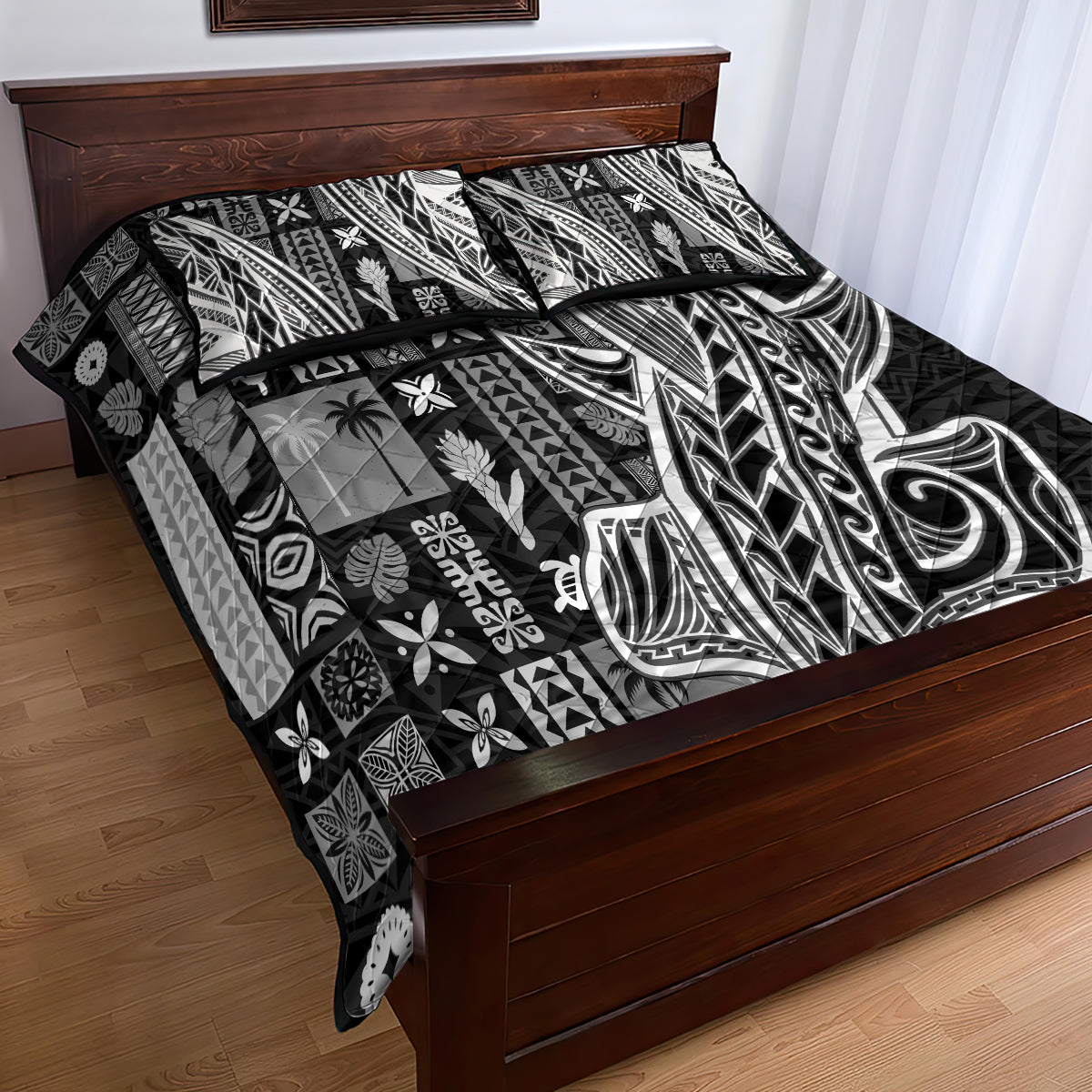 Samoa Tapa Quilt Bed Set Siapo Mix Tatau Patterns - Black - Wonder Print Shop