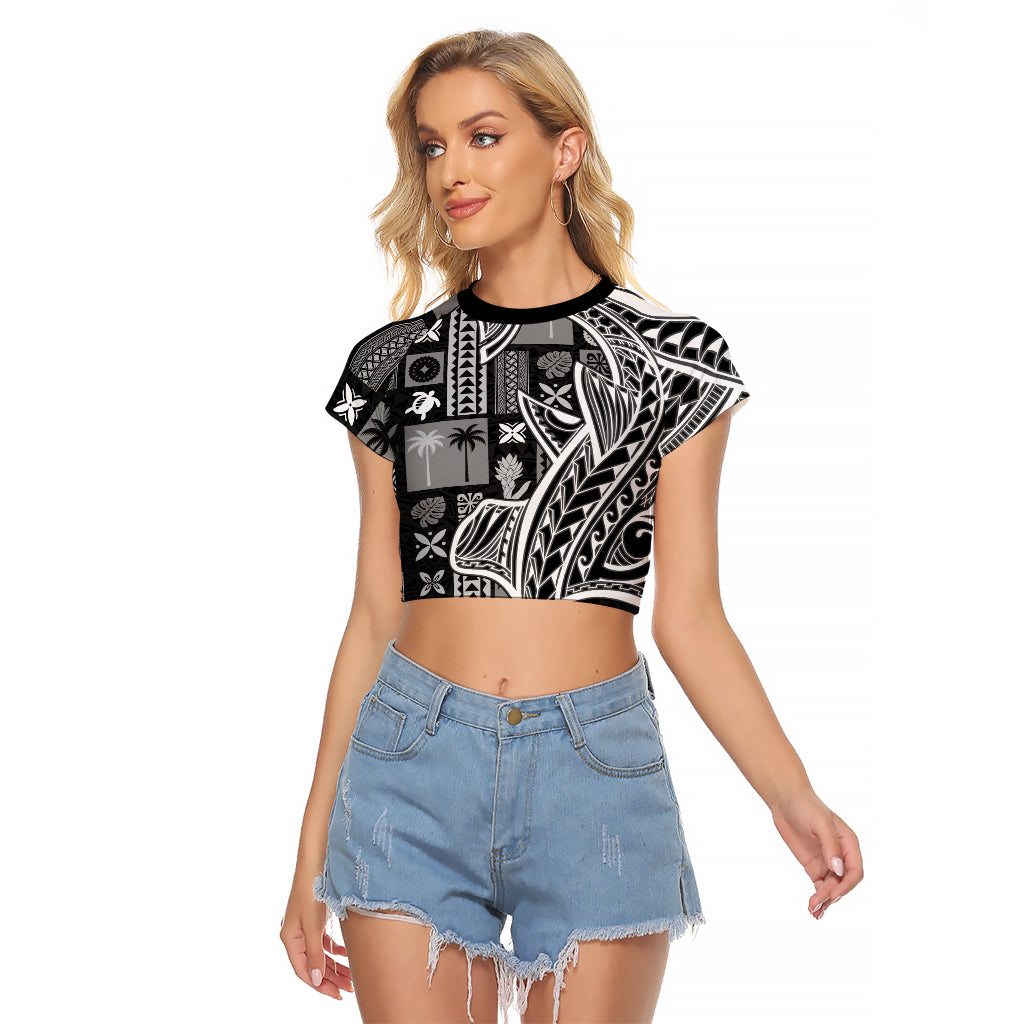 Samoa Tapa Raglan Cropped T Shirt Siapo Mix Tatau Patterns - Black - Wonder Print Shop
