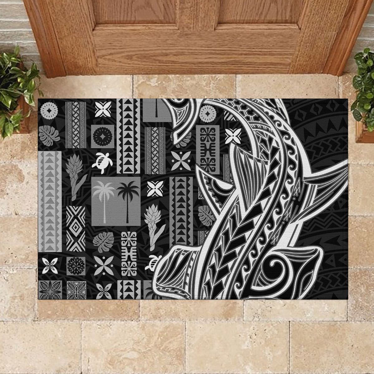 Samoa Tapa Rubber Doormat Siapo Mix Tatau Patterns - Black - Wonder Print Shop