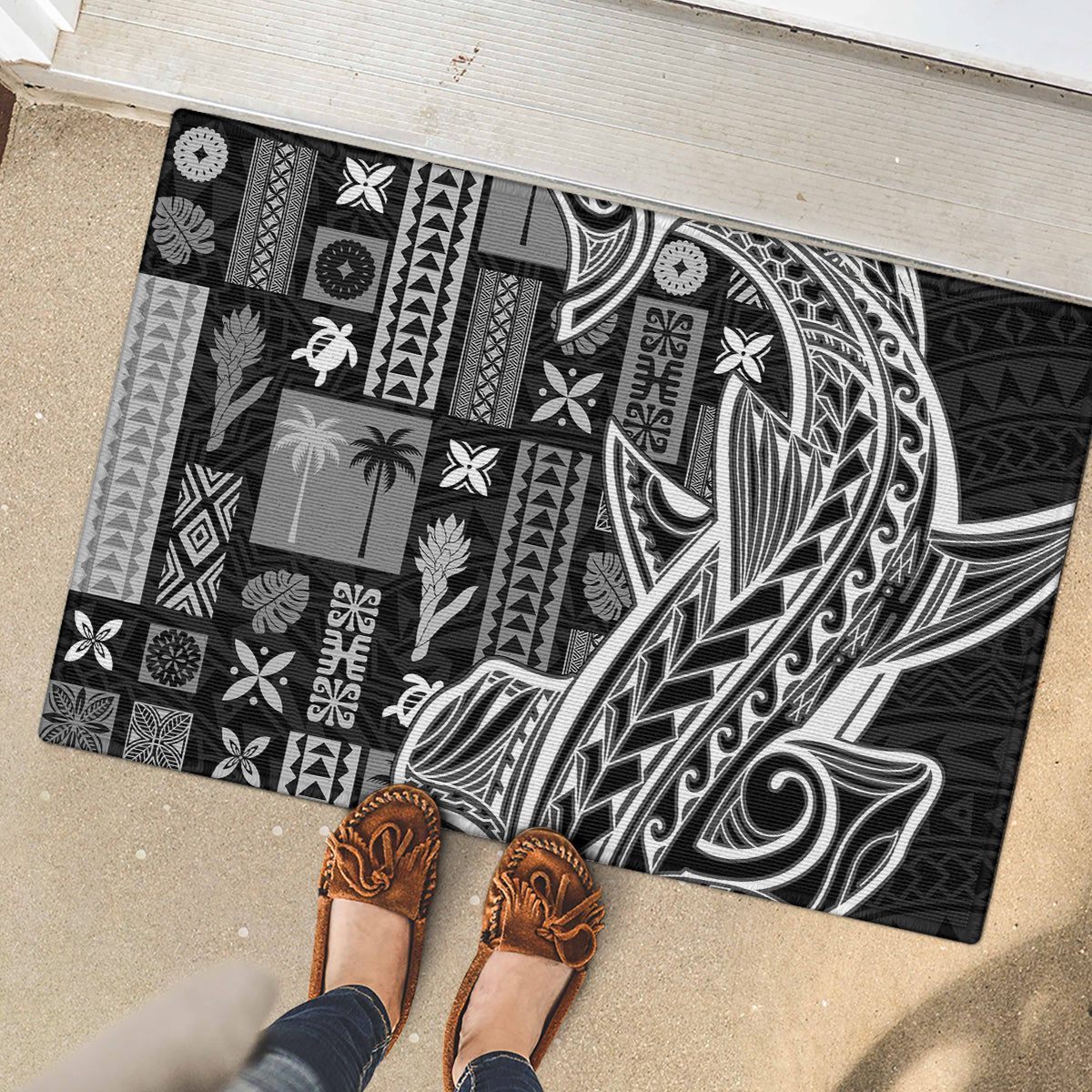 Samoa Tapa Rubber Doormat Siapo Mix Tatau Patterns - Black - Wonder Print Shop