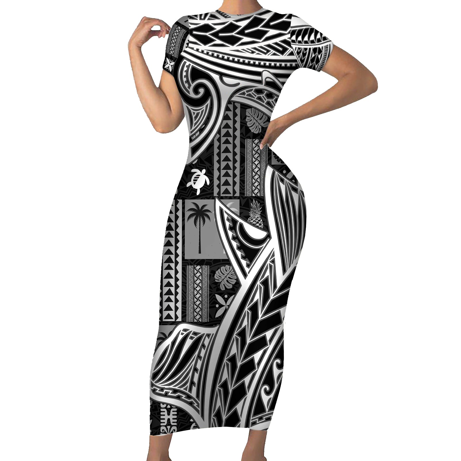 Samoa Tapa Short Sleeve Bodycon Dress Siapo Mix Tatau Patterns - Black - Wonder Print Shop