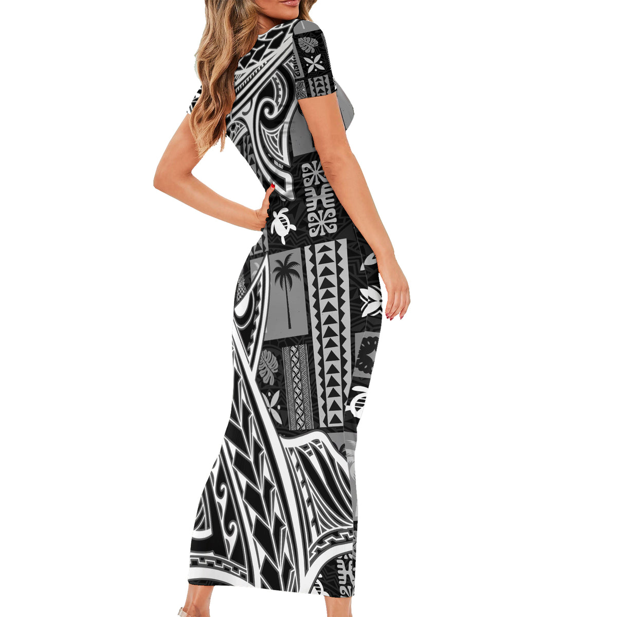 Samoa Tapa Short Sleeve Bodycon Dress Siapo Mix Tatau Patterns - Black - Wonder Print Shop