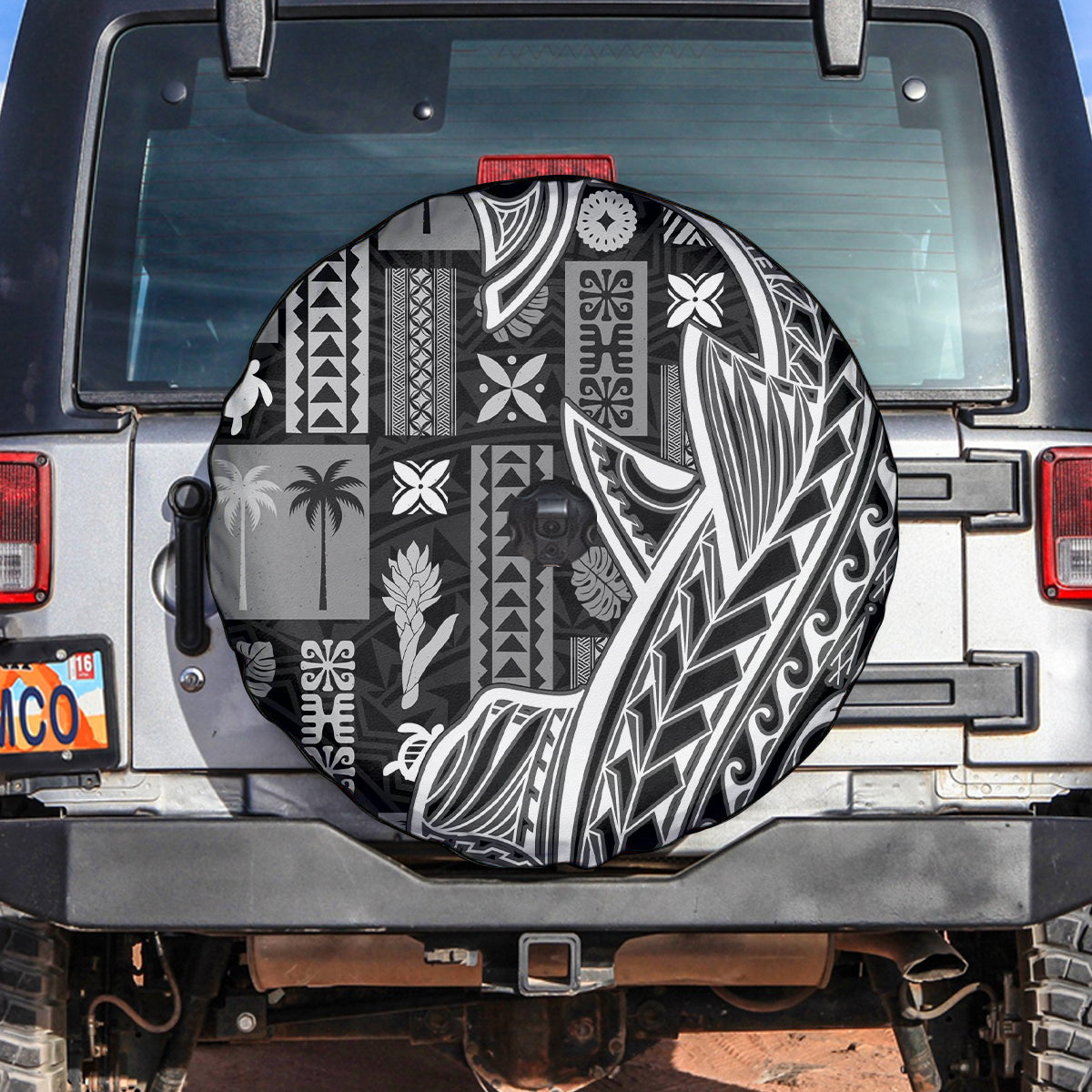 Samoa Tapa Spare Tire Cover Siapo Mix Tatau Patterns - Black - Wonder Print Shop