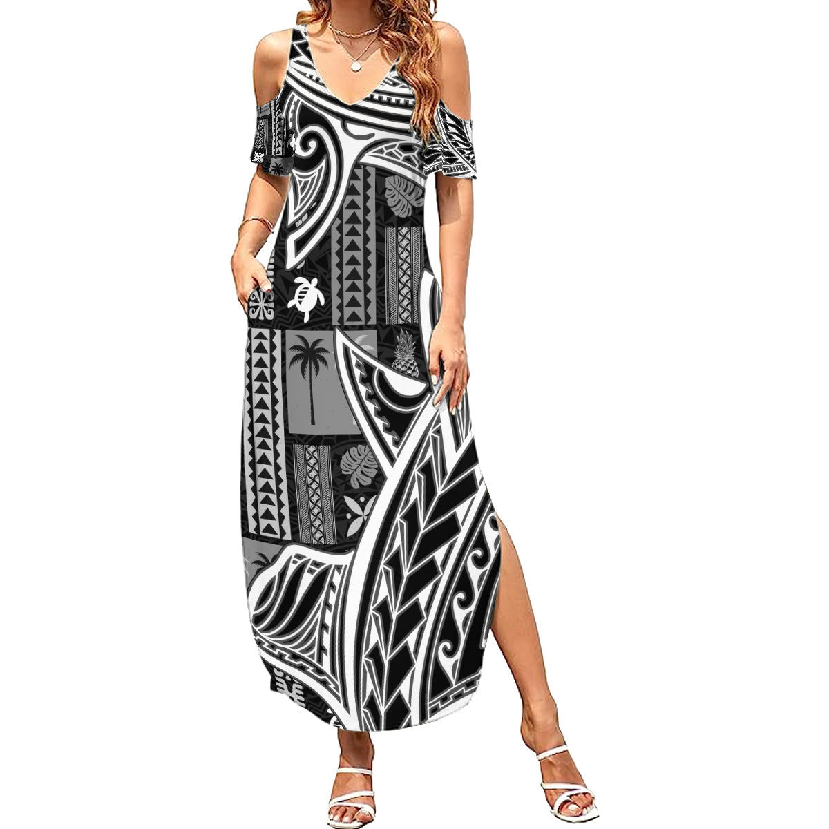 Samoa Tapa Summer Maxi Dress Siapo Mix Tatau Patterns - Black - Wonder Print Shop