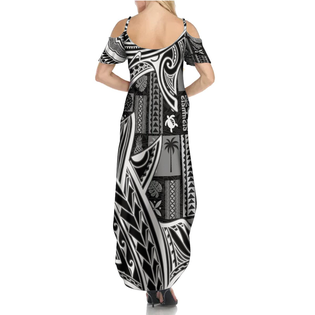 Samoa Tapa Summer Maxi Dress Siapo Mix Tatau Patterns - Black - Wonder Print Shop