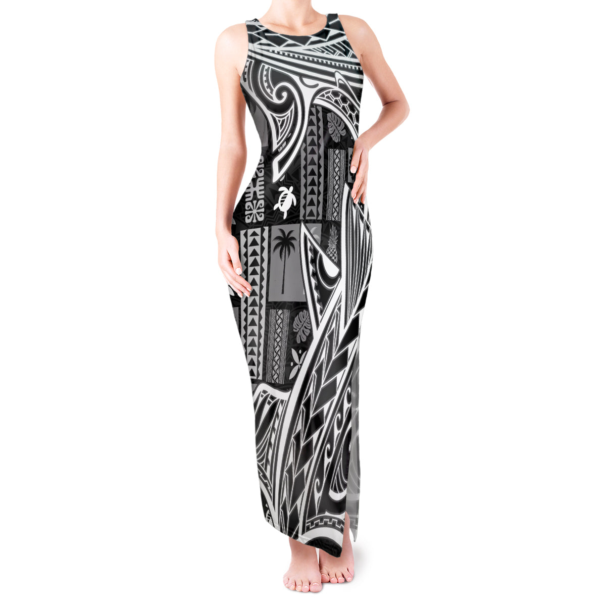 Samoa Tapa Tank Maxi Dress Siapo Mix Tatau Patterns - Black - Wonder Print Shop