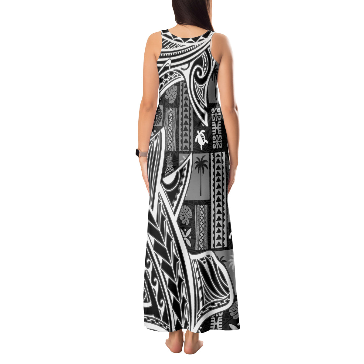 Samoa Tapa Tank Maxi Dress Siapo Mix Tatau Patterns - Black - Wonder Print Shop