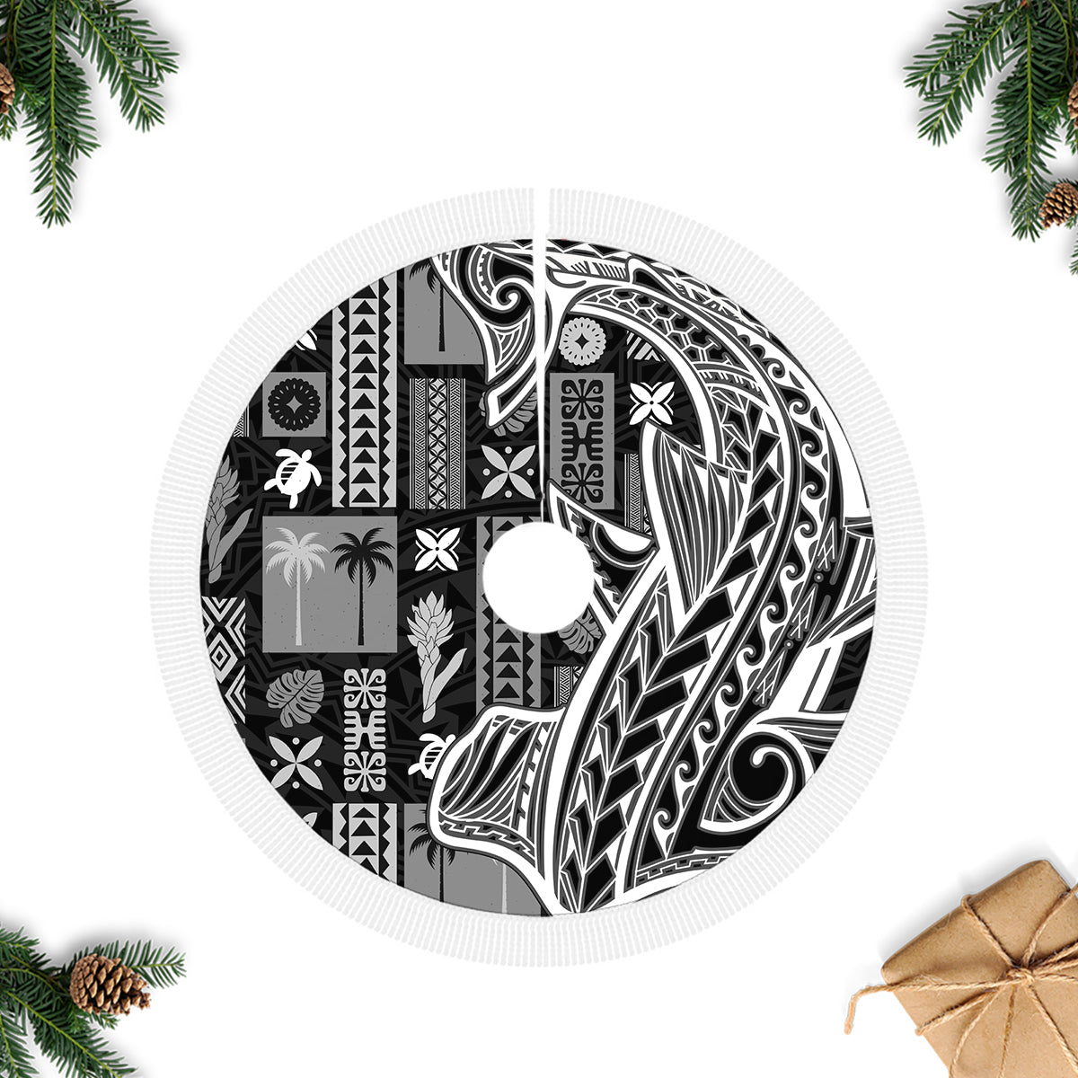 Samoa Tapa Tree Skirt Siapo Mix Tatau Patterns - Black - Wonder Print Shop