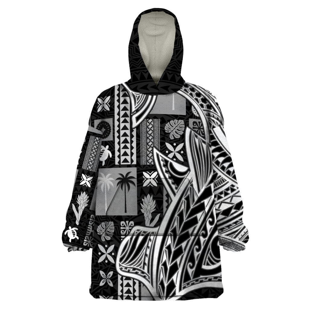 Samoa Tapa Wearable Blanket Hoodie Siapo Mix Tatau Patterns - Black - Wonder Print Shop