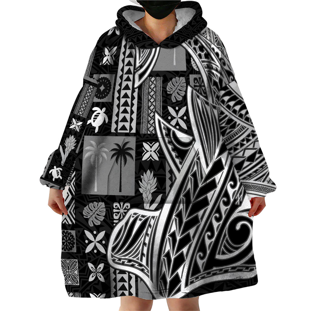 Samoa Tapa Wearable Blanket Hoodie Siapo Mix Tatau Patterns - Black - Wonder Print Shop