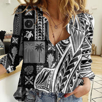 Samoa Tapa Women Casual Shirt Siapo Mix Tatau Patterns - Black - Wonder Print Shop