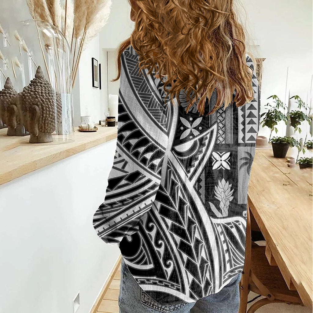 Samoa Tapa Women Casual Shirt Siapo Mix Tatau Patterns - Black - Wonder Print Shop