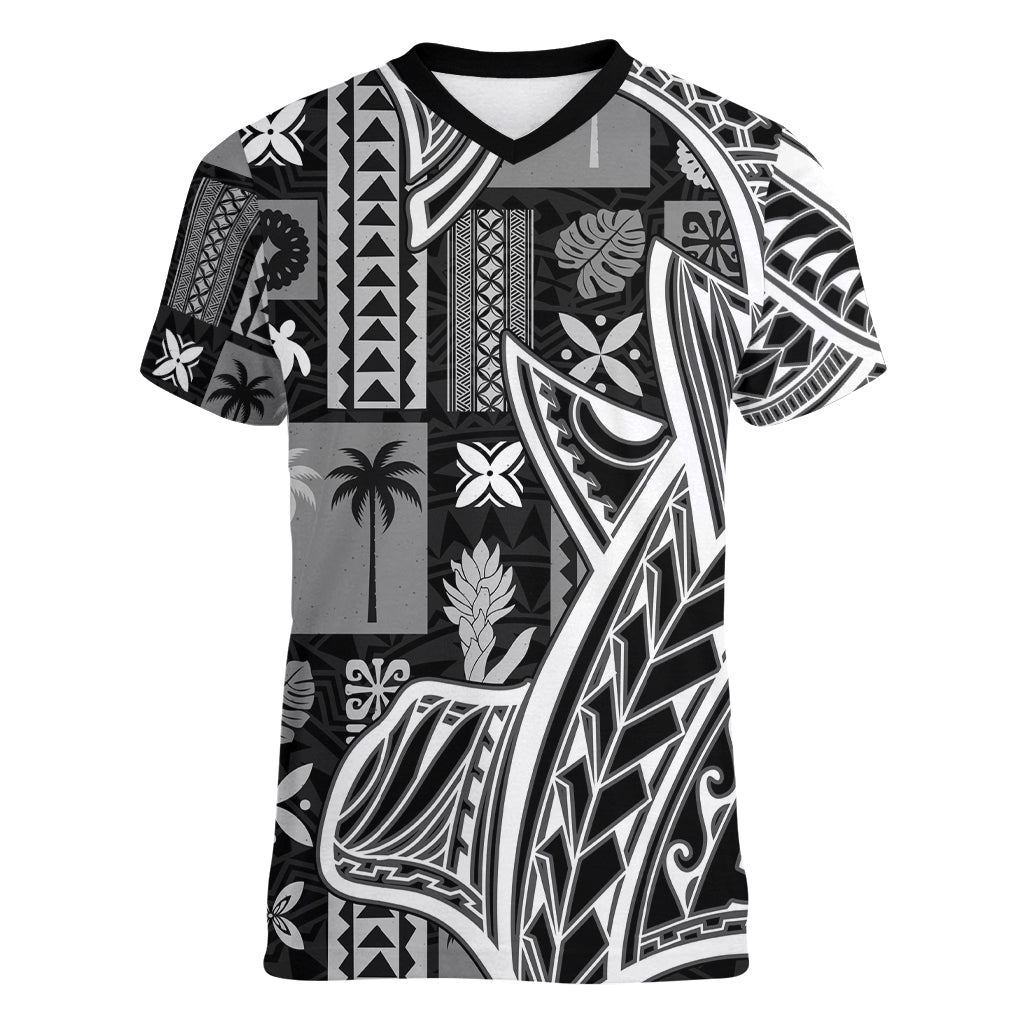 Samoa Tapa Women V Neck T Shirt Siapo Mix Tatau Patterns - Black - Wonder Print Shop
