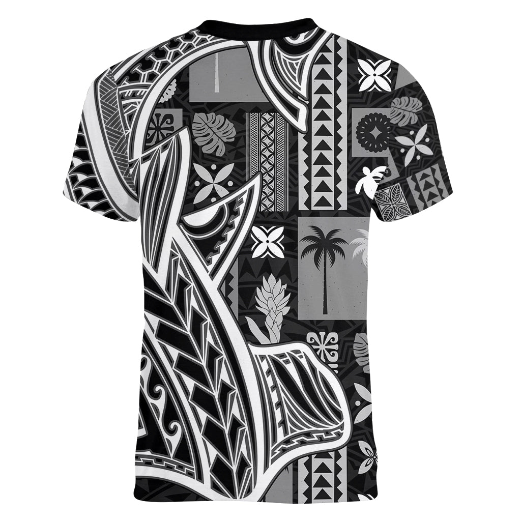 Samoa Tapa Women V Neck T Shirt Siapo Mix Tatau Patterns - Black - Wonder Print Shop