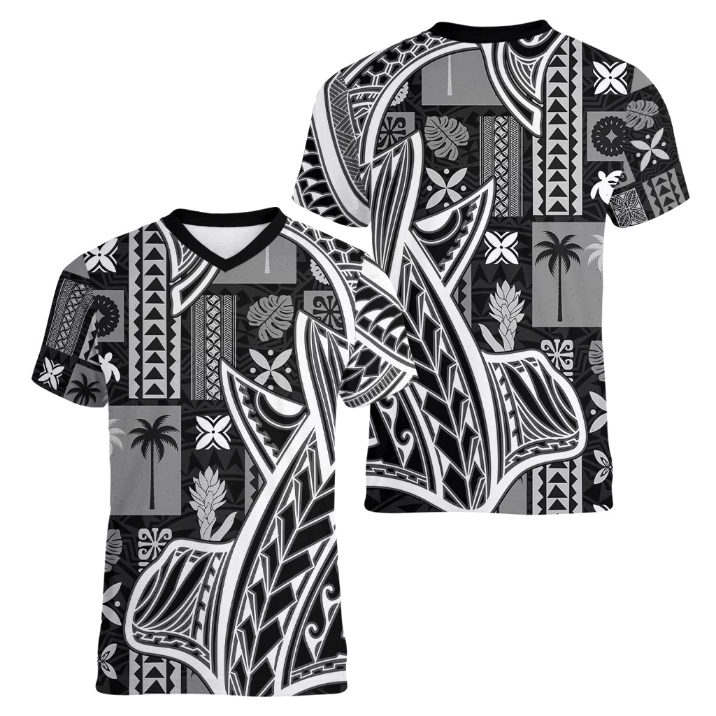 Samoa Tapa Women V Neck T Shirt Siapo Mix Tatau Patterns - Black - Wonder Print Shop