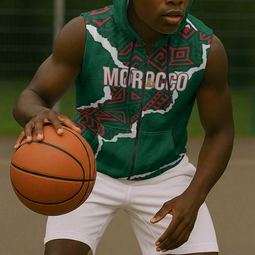 Morocco Football Custom Sleeveless Zip Hoodie Grunge Motifs