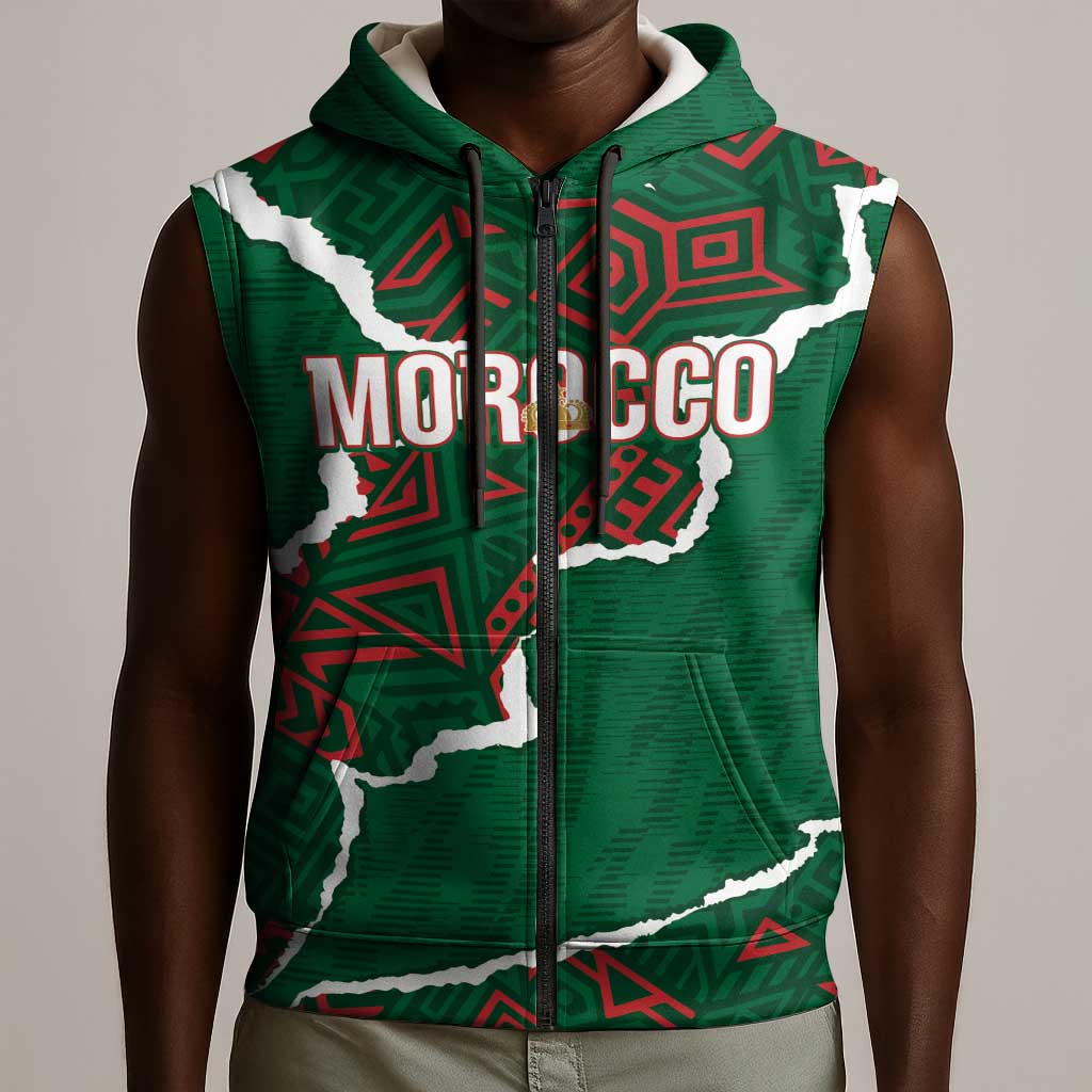 Morocco Football Custom Sleeveless Zip Hoodie Grunge Motifs