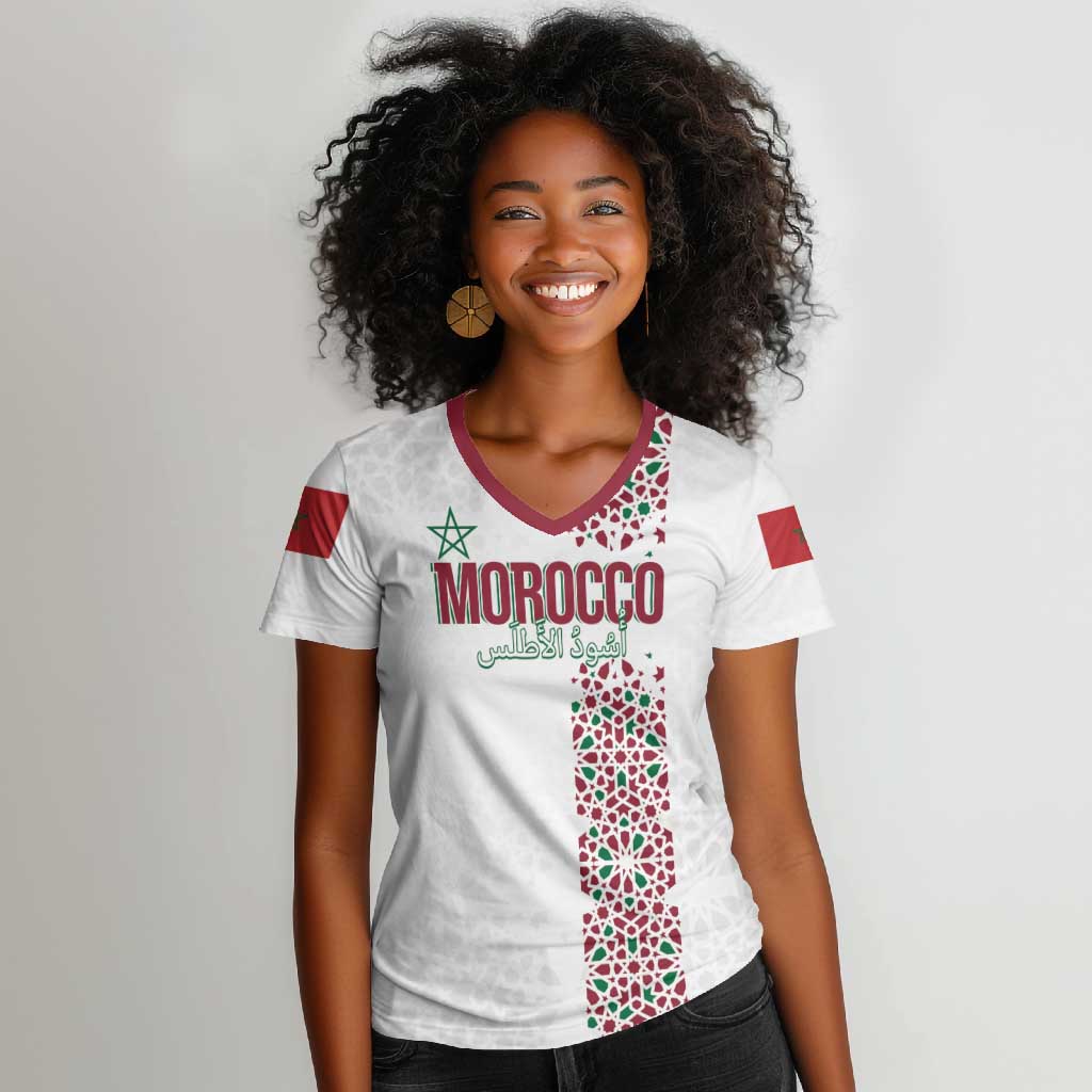 Morocco Atlas Lions Personalized Women V-Neck T-Shirt Arabesque Inspired Pattern