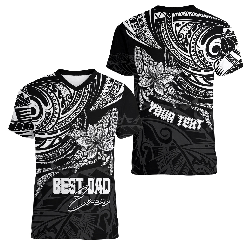 Personalised Father's Day Polynesian Women V Neck T Shirt Best Dad Ever - Black - Wonder Print Shop